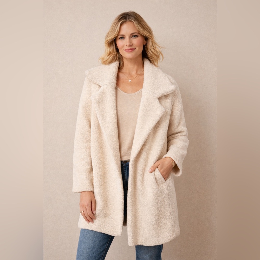 Rachel Zoe Cream Teddy Sherpa Coat Open Front Cozy Jacket - Picture 2 of 4